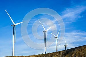 Windmills against blue sky in summer in california