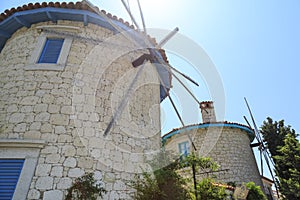 Windmills of Alacati with sun flare in Cesme, Izmir