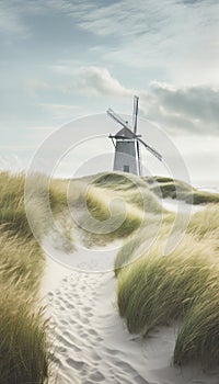 Windmills along the danish coast with sand dunes and lyme grass. AI generated