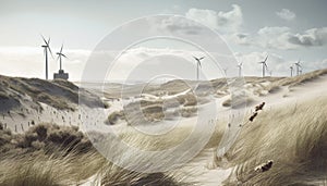 Windmills along the danish coast with sand dunes and lyme grass. AI generated