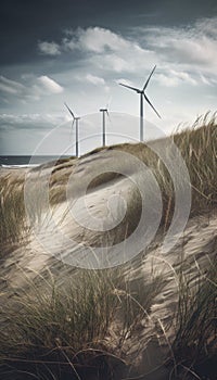 Windmills along the danish coast with sand dunes and lyme grass. AI generated