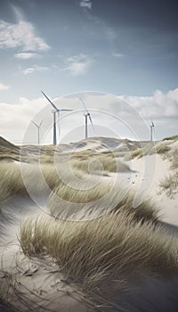 Windmills along the danish coast with sand dunes and lyme grass. AI generated