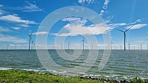 Windmills along a large body of water