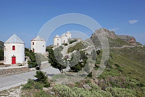 Windmills and the castle of Leros, Greece