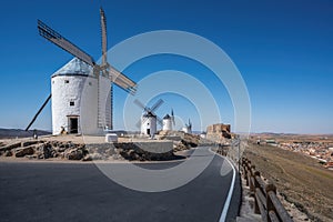 Windmills and Consuegra Castle (Castle of La Muela) at Cerro Calderico - Consuegra, Castilla-La Mancha, Spain
