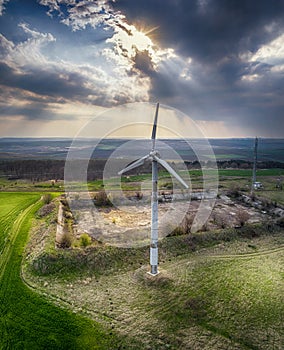 Windmills for electric power - Energy Production with clean and Renewable Energy - aerial drone shot