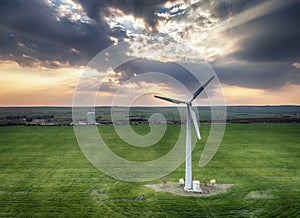 Windmills for electric power - Energy Production with clean and Renewable Energy - aerial drone shot