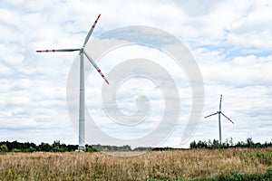 Windmills for electric power on field. Energy production with clean and renewable energy.