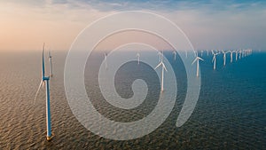 Windmills for electric power production Netherlands Flevoland, Wind turbines farm in sea, windmill farm producing green