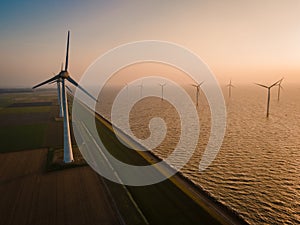 Windmills for electric power production Netherlands Flevoland, Wind turbines farm in sea, windmill farm producing green