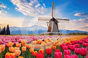 the windmills on the field with tulips