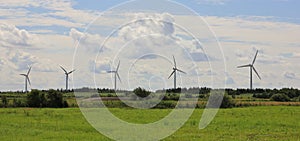 Windmills and green meadow in northern Denmark. Scene near Gottrup.