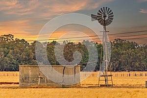 Windmills have successfully pumped water in the Australian Outback into troughs for their stock photo