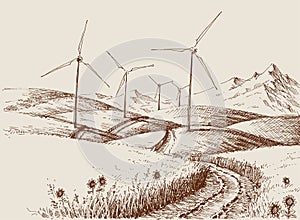 Windmills on hills landscape
