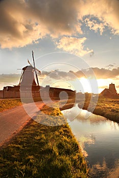 Windmills in Holland with canal