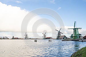 Windmills and Houses of Zaanse Schans in The Netherlands Amsterdam Sunset