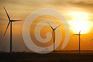 Windmills on an Indiana Wind Farm at Sunset