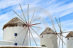 Windmills on the island of Mykonos, in the Cyclades islands, Aegean sea, Greece