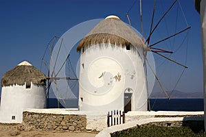 Windmills on the island of Mykonos, Greece.