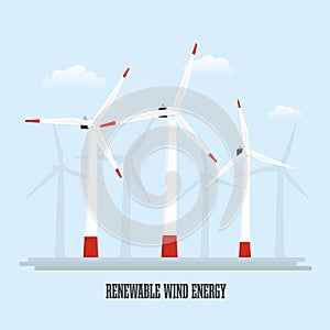 Windmills and its shades on light blue background with clouds. Eco energy and renewable wind energy in nature concept. Vector