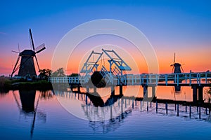 Windmills at Kinderdijk in Holland. Netherlands