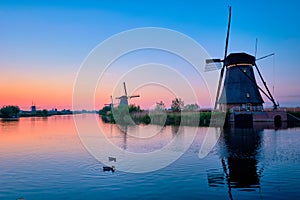 Windmills at Kinderdijk in Holland. Netherlands