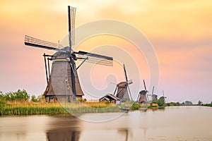 Windmills in Kinderdijk at sunset, The Netherlands