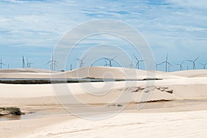 Windmills in LenÃÂ§ÃÂ³is Maranhenses National Park in Brazil photo