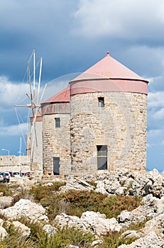 Windmills at Mandraki Harbour, Rhodes, Greece