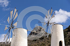 Windmills and mountain in Crete, Greece