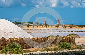 Windmills at the natural reserve of the `Saline dello Stagnone` near Marsala and Trapani, Sicily.