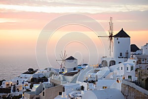 Windmills in Oia at dusk, Santorini island