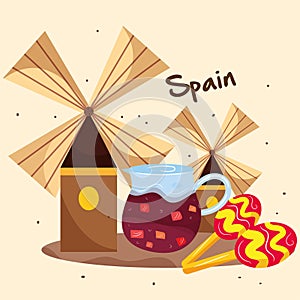 Windmills with a pair of maracas and cold tea Spain culture template Vector