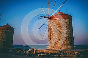 Windmills in the port of Rhodes, Greece