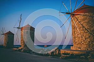 Windmills in the port of Rhodes, Greece