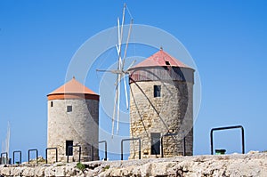 Windmills in the port of Rhodes, Greece