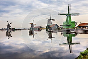 Windmills Reflection River Zaan Zaanse Schans Village Holland Netherlands photo