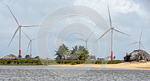 Windmills on the sand dunes of Lencois Maranhenses near Atins, Brazil