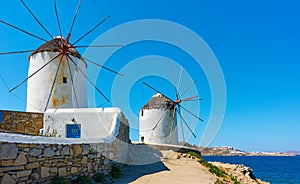 Windmills by the sea in Mykonos island in Greece