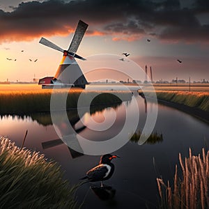 Windmills and seagulls at sunset in the Netherlands AI Generated