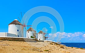 Windmills on the seashore in Mykonos