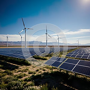 Windmills and solar panels are integral components of an ecology concept that emphasizes green energy