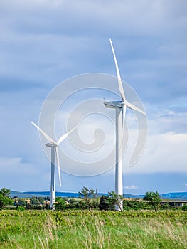 Windmills standing in fields in summer