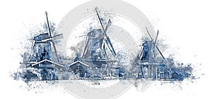 Windmills in the style of the popular Delft blue painting. Popular painting of Holland. Art image on a white background. Holland,