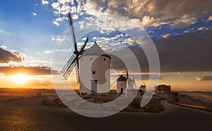 Windmills at sunset, Consuegra, Castile-La Mancha, Spain