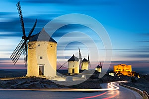 Windmills after sunset, Consuegra, Castile-La Mancha, Spain