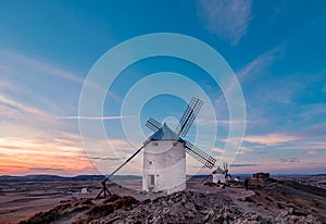 Windmills at the sunset in Consuegra town in Spain