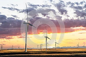 Windmills at sunset producing green energy overlooking agriculture wheat fields with distant mountains