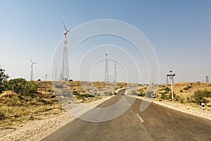 Windmills in the Thar desert close to Jaisalmer, Rajasthan, India