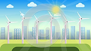 Windmills vector in an urban area on a sunny day. Natural power supply from windmills. Electricity production concept with